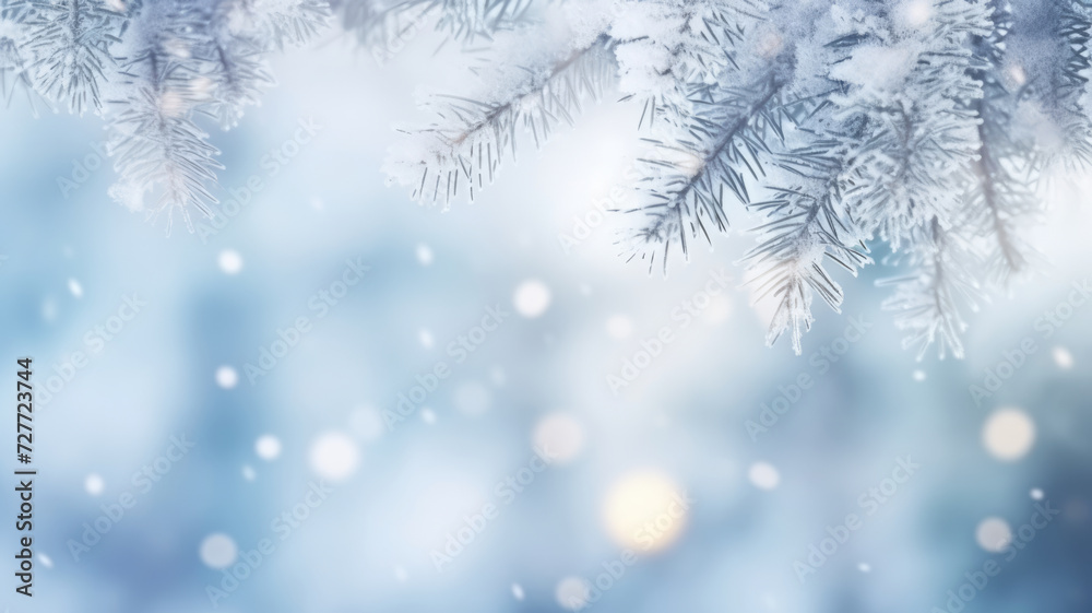 Blue winter blurred background with snowy spruce branches on top Blue winter blurred background with snowy spruce branches on top