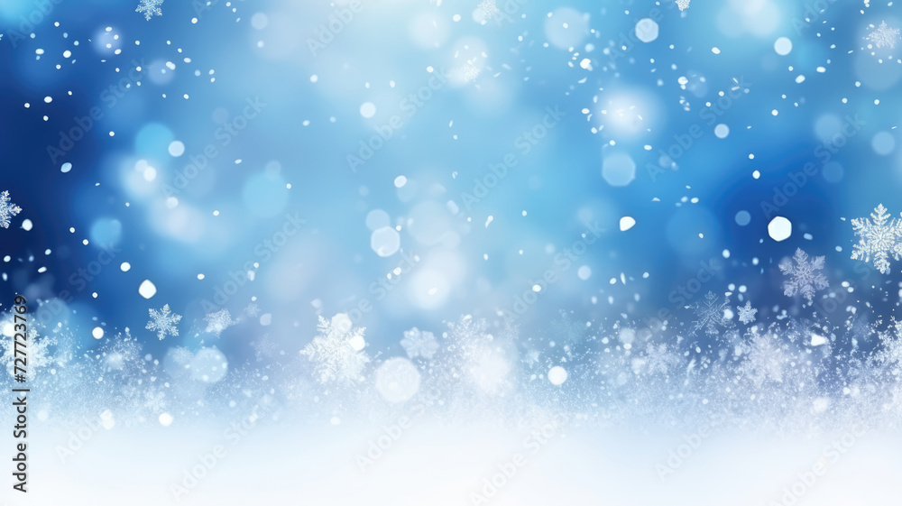 Blue winter blurred background with snow snowflakes and snow. Winter cold background