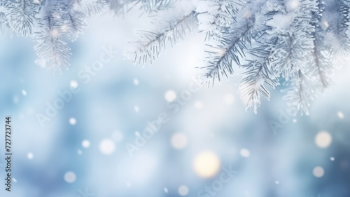 Blue winter blurred background with snowy spruce branches on top