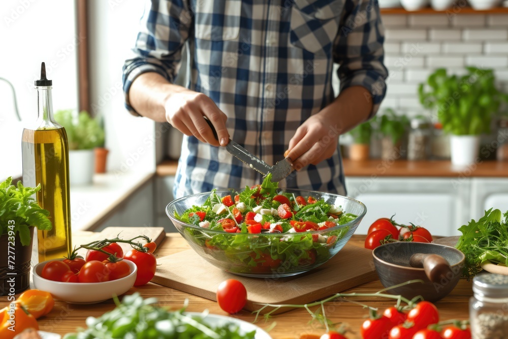 Man dressing a Mediterranean salad of fresh vegetables on a wooden kitchen bench white isolated background. Front view. Horizontal compositon. 