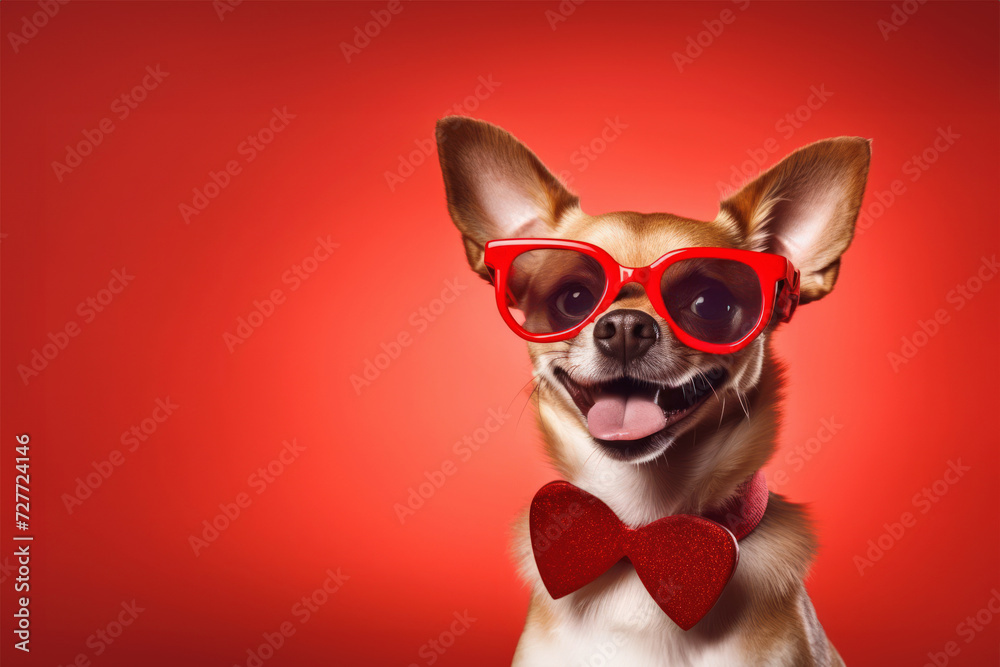 Chihuahua Dog in glasses in the shape of a heart on a red background. Valentines Day concept.