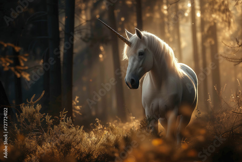 Unicorn in dark forest 