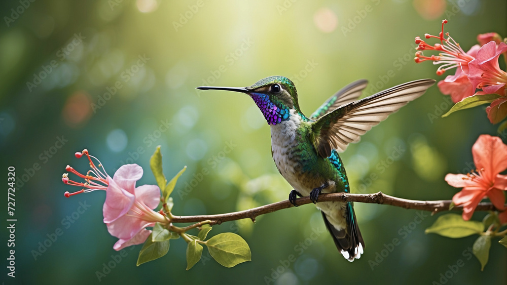 Obraz premium Delicate ballet of a hummingbird as it hovers and then gracefully lands on a slender branch and its iridescent feathers catching the sunlight against a lush green backdrop of nature