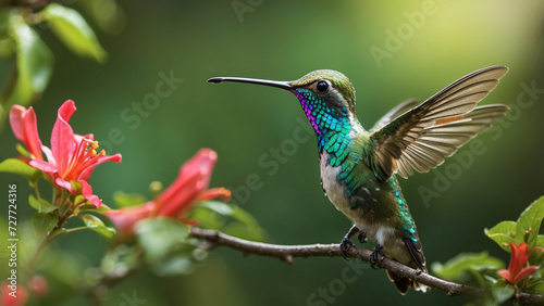 Delicate ballet of a hummingbird as it hovers and then gracefully lands on a slender branch and its iridescent feathers catching the sunlight against a lush green backdrop of nature