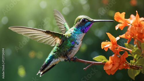 Delicate ballet of a hummingbird as it hovers and then gracefully lands on a slender branch and its iridescent feathers catching the sunlight against a lush green backdrop of nature