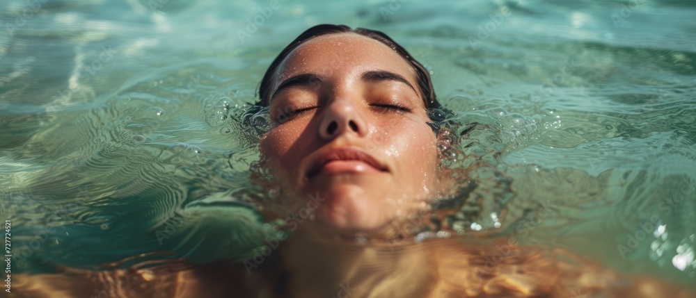 a close up of a woman in a pool of water with her eyes closed and her head above the water. Woman with eyes closed swimming in water at beach. Generative ai