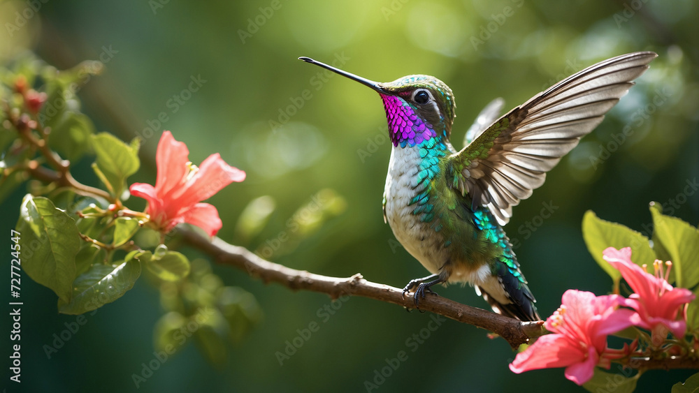 Fototapeta premium Delicate ballet of a hummingbird as it hovers and then gracefully lands on a slender branch and its iridescent feathers catching the sunlight against a lush green backdrop of nature