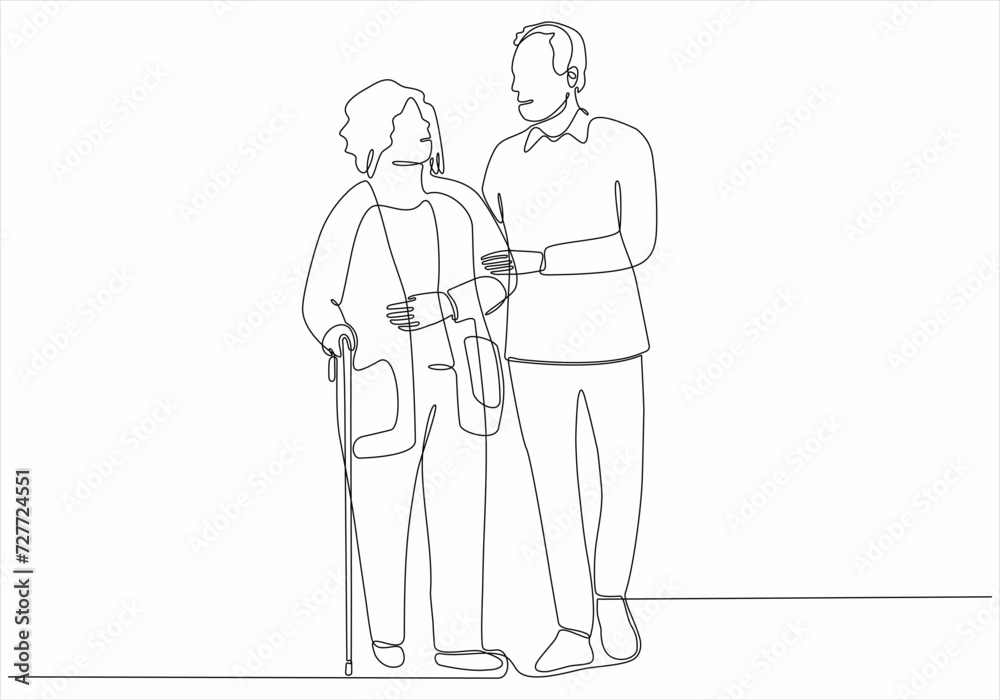 Old couple in continuous line art drawing style. Senior man and woman walking together holding hands. Black minimalist linear sketch isolated on a white background. Vector illustration