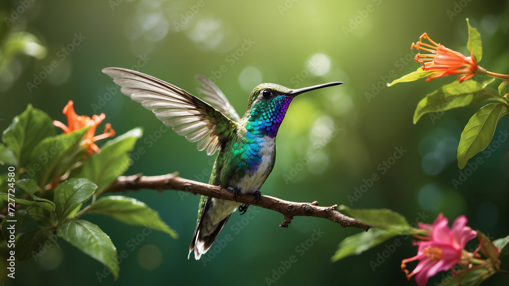 Fototapeta premium Delicate ballet of a hummingbird as it hovers and then gracefully lands on a slender branch and its iridescent feathers catching the sunlight against a lush green backdrop of nature