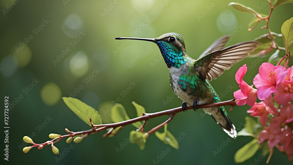 Fototapeta premium Delicate ballet of a hummingbird as it hovers and then gracefully lands on a slender branch and its iridescent feathers catching the sunlight against a lush green backdrop of nature