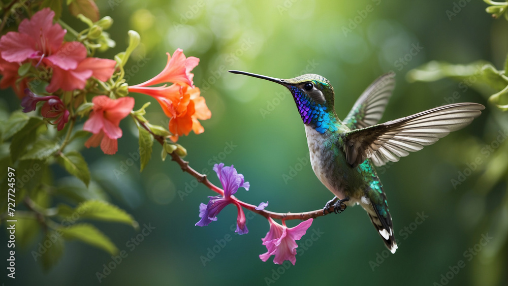 Fototapeta premium Delicate ballet of a hummingbird as it hovers and then gracefully lands on a slender branch and its iridescent feathers catching the sunlight against a lush green backdrop of nature