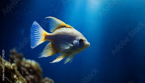 Fish swimming in the depths of the ocean. Sea creature in dark water. © hardvicore
