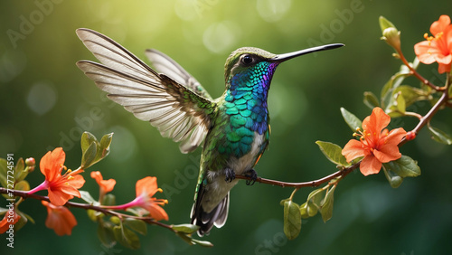 Delicate ballet of a hummingbird as it hovers and then gracefully lands on a slender branch and its iridescent feathers catching the sunlight against a lush green backdrop of nature