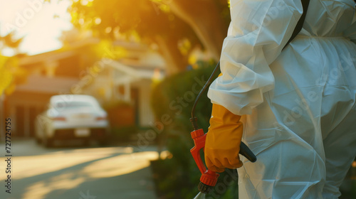 Person in Protective Clothing Operating a Pest Control Sprayer Outdoors photo