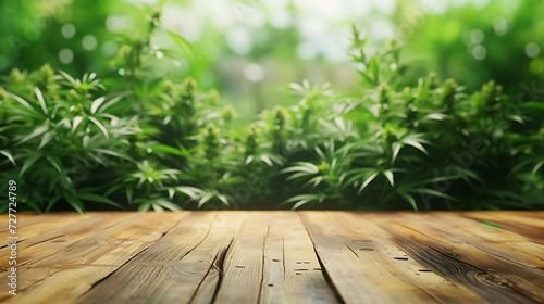 Perfekte Kulisse  Holztisch vor Cannabis-Pflanzen f  r Produktpr  sentationen