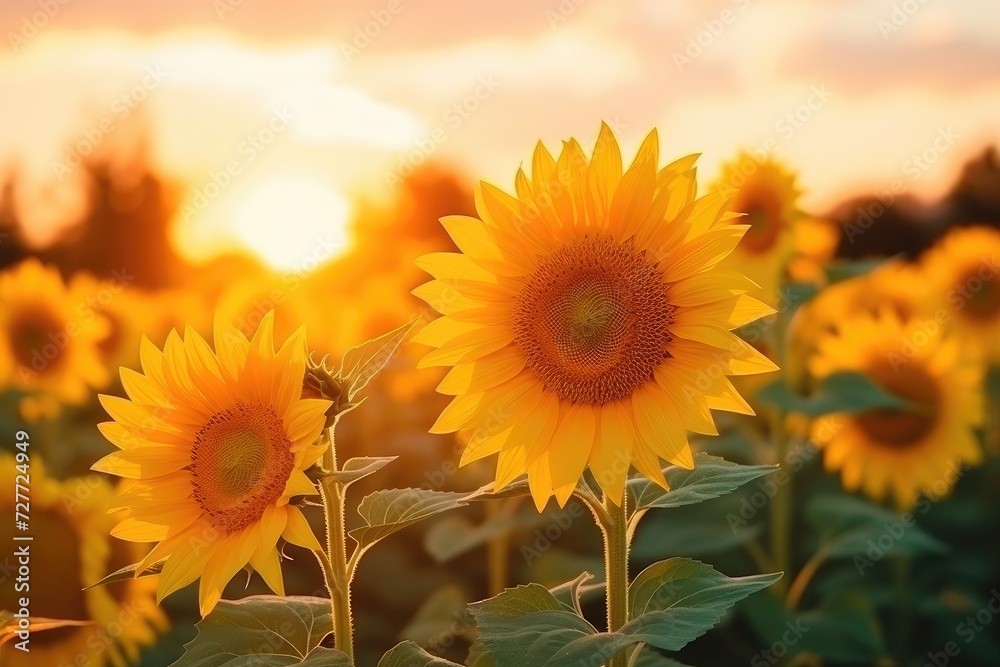 Sunset Embrace: A Lush Field of Sunflowers Under Golden Skies - Generative AI
