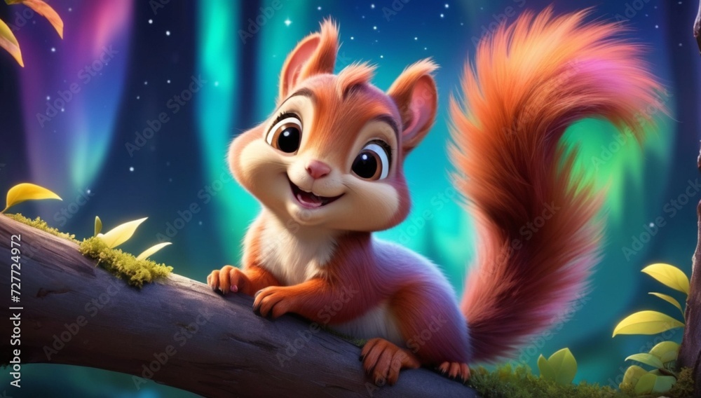 Super Cute Baby in Night Sky Adventure, Cute baby squirrel in the tree with a smiling face, Cute baby animals for kid's room wall art decorations, Cute beautiful baby animals wallpapers