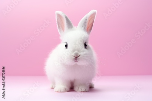 Fluffy White Rabbit Elegance on Soft Pink Background - Generative AI © Gelpi