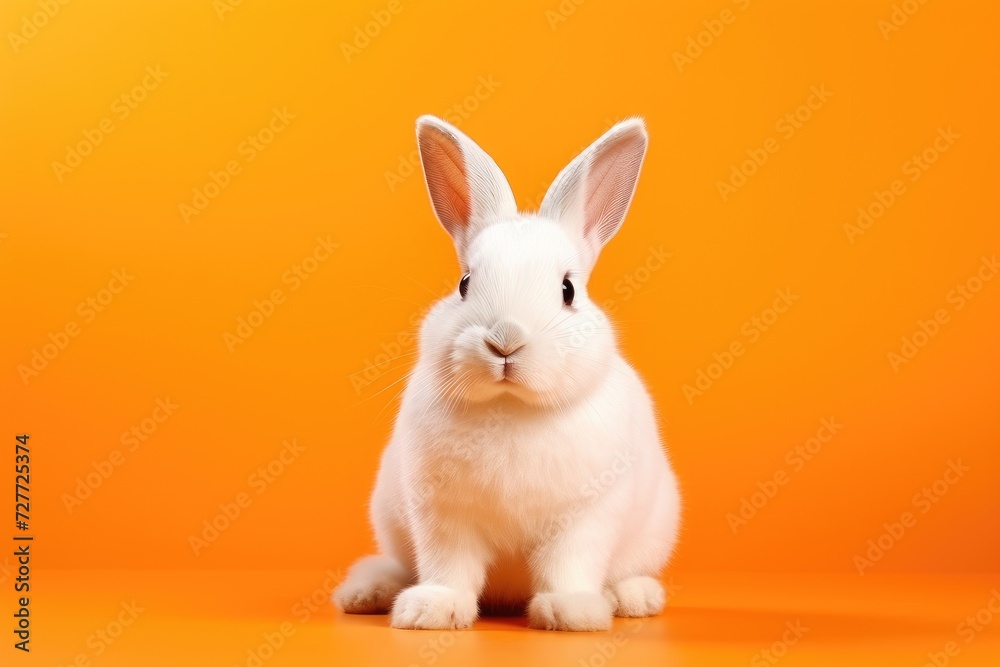 Charming White Rabbit Poses on Vibrant Orange Background - Generative AI Charming White Rabbit Poses on Vibrant Orange Background - Generative AI