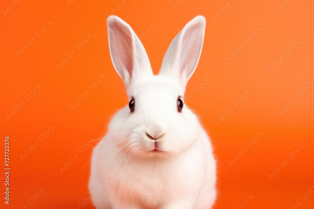 Charming White Rabbit Poses on Vibrant Orange Background - Generative AI