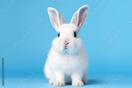 Adorable White Rabbit with Fluffy Fur Against Blue Backdrop - Generative AI