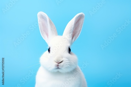 Adorable White Rabbit with Fluffy Fur Against Blue Backdrop - Generative AI © Gelpi