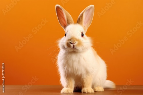 Curious White Rabbit With Soft Fur on Warm Orange Backdrop - Generative AI