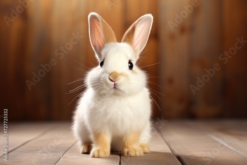 Inquisitive White Bunny Against Rustic Wooden Backdrop - Generative AI