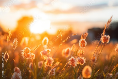 Warm Sunlight Bathing Peaceful Grass Field at Sunset - Generative AI © Gelpi