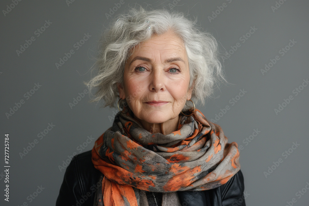An older woman with white hair and a colorful scarf. An older woman with white hair and a colorful scarf.