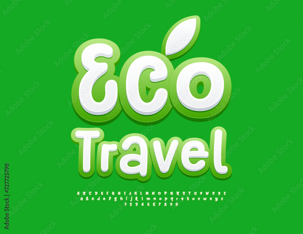 Vector green template Eco Travel with decorative Leaf. Funny Handwritten Font. Artistic Alphabet Letters and Numbers set.