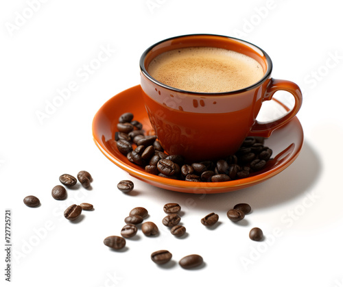 Cup of coffee on a plate with coffee beans scattered around isolated on white background