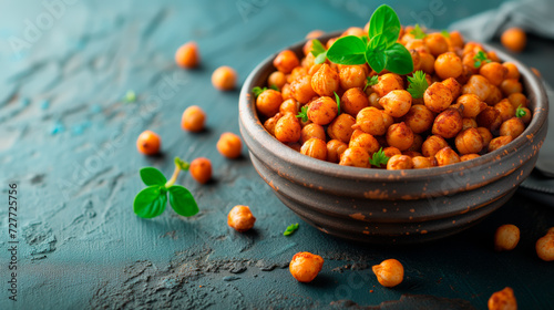 Spicy roasted chickpeas in bowl garnished with fresh parsley, a healthy and flavorful snack. 