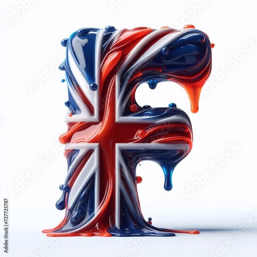 Glasss letter F in color of United Kingdom flag. AI generated illustration