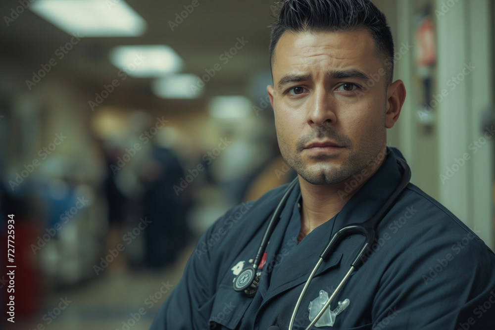 Obraz premium A nurse with a stethoscope around his neck wearing a uniform. He has a serious expression and his arms are crossed in front of him.