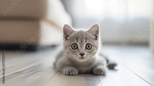 Cute little cat stay on wooden floor with window on background. Young cute little red kitty. Long haired kitten play at home. Cute funny home pets. Domestic animal and Young kittens