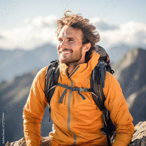 A man climber enjoys the vista of outdoor mountaineering