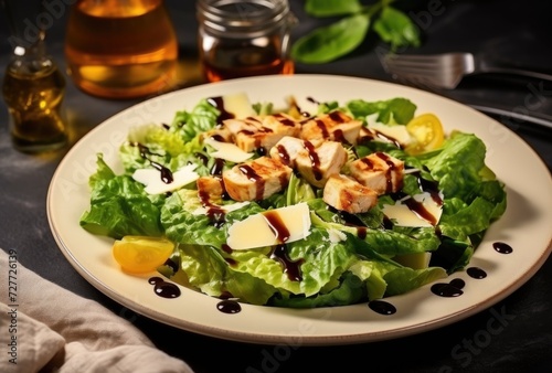 Grilled Chicken Caesar Salad Served on a White Plate With Balsamic Glaze