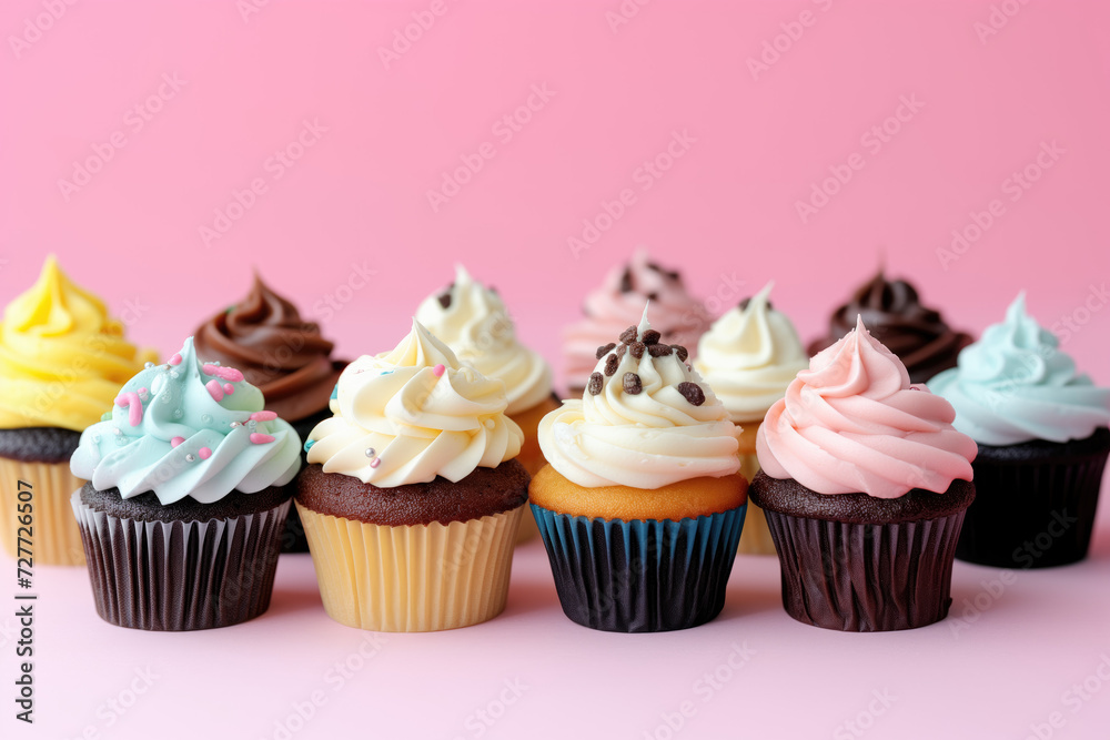 Various mini cupcakes against pink background