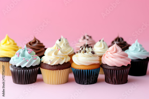 Various mini cupcakes against pink background