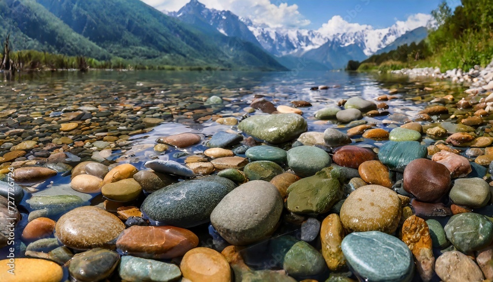 Beautiful landscape with river and shore with smooth colored stones in clean water.