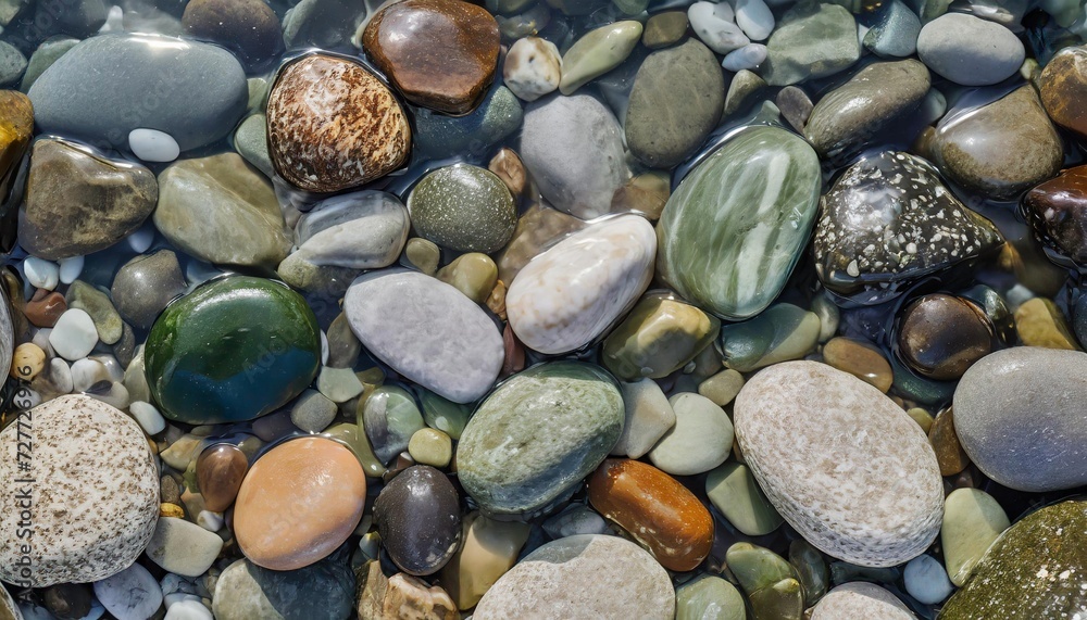Smooth colored stones in clean water. Natural background. Flat lay Smooth colored stones in clean water. Natural background. Flat lay