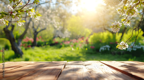 Background with a view of a blooming morning garden and a table and sun rays