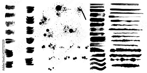 Set of paint brush stroke, ink splatter and artistic design elements. Ink splashes. Rough smears and stains. High quality manually traced. Drops blots isolated. Vector isolated elements set modern