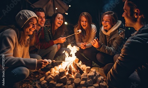 Happy friends sitting aroun the fire pit, they roast marshmallows, smiling and having fun. Camping theme