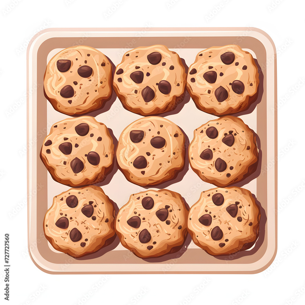 A tray of freshly baked chocolate chip cookies isolated on white background, flat design, png

