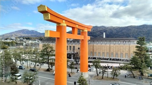 Kyoto Museum of Art can be seen beyond Heian Shrine Otorii, Kyoto, Japan photo