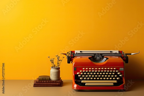 Old vintage typewriter on a yellow background, Generative AI
