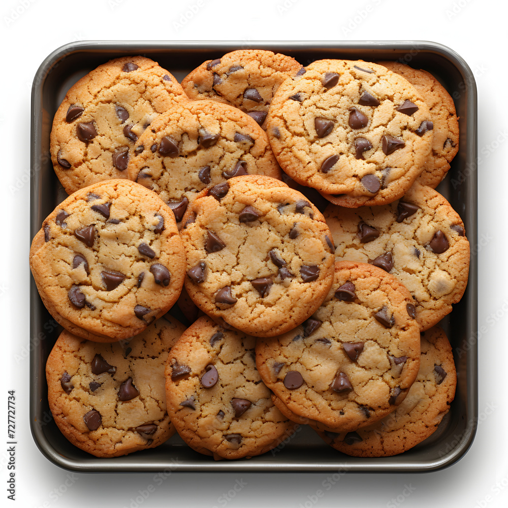 A tray of freshly baked chocolate chip cookies isolated on white background, hyperrealism, png
