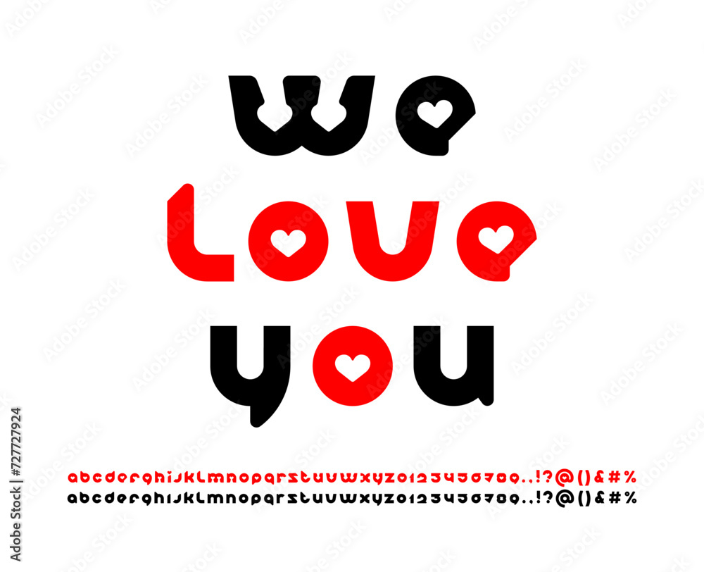 Obraz premium Alphabet font with hearts, art letters and numbers, including two sets of different shape, vector illustration 10EPS.